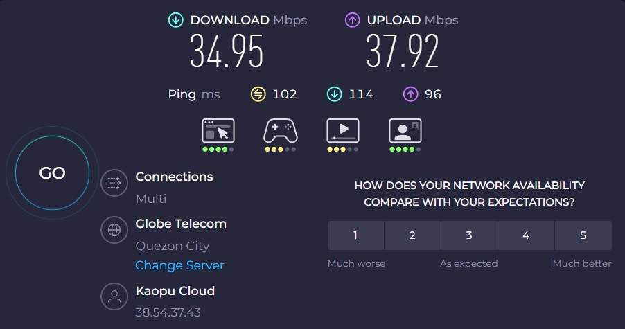 OysterVPN speed test Quezon City, Philippines